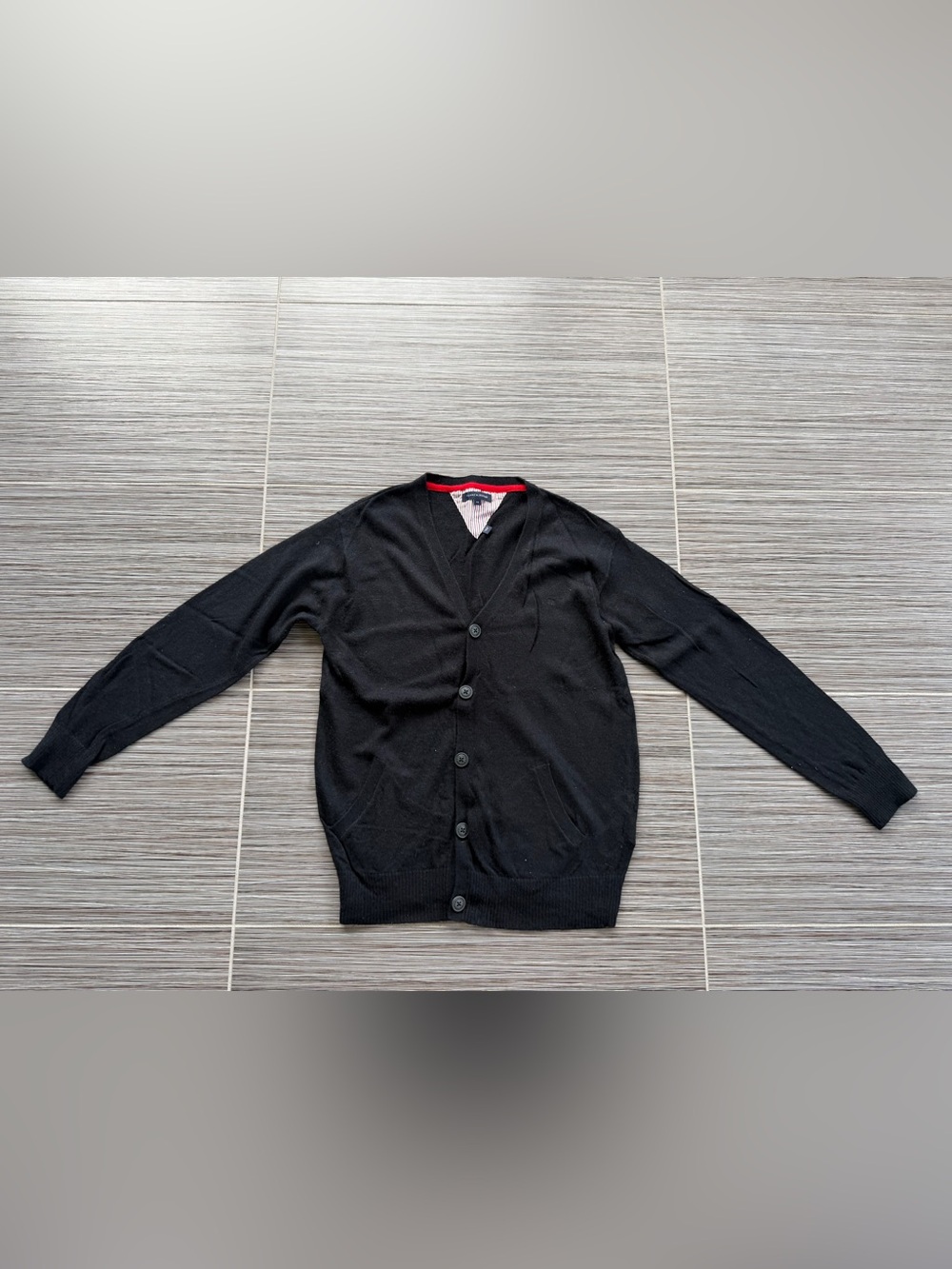 Tommy Hilfiger Boys Black V-Neck Button-Up Cardigan with 2 front pockets